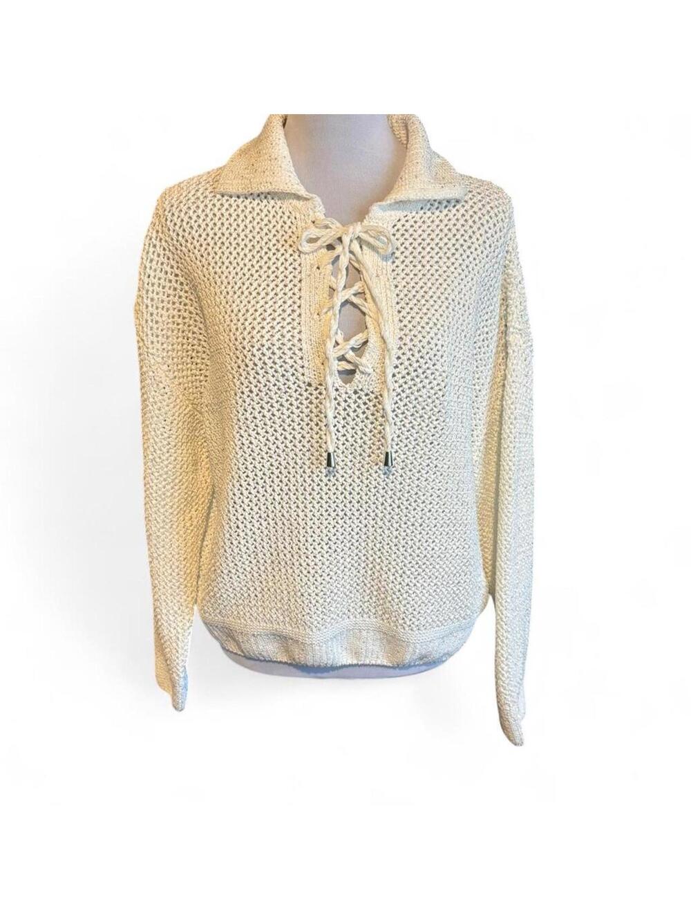 Joie cream crochet shimmer sweater with lace up detail size Large